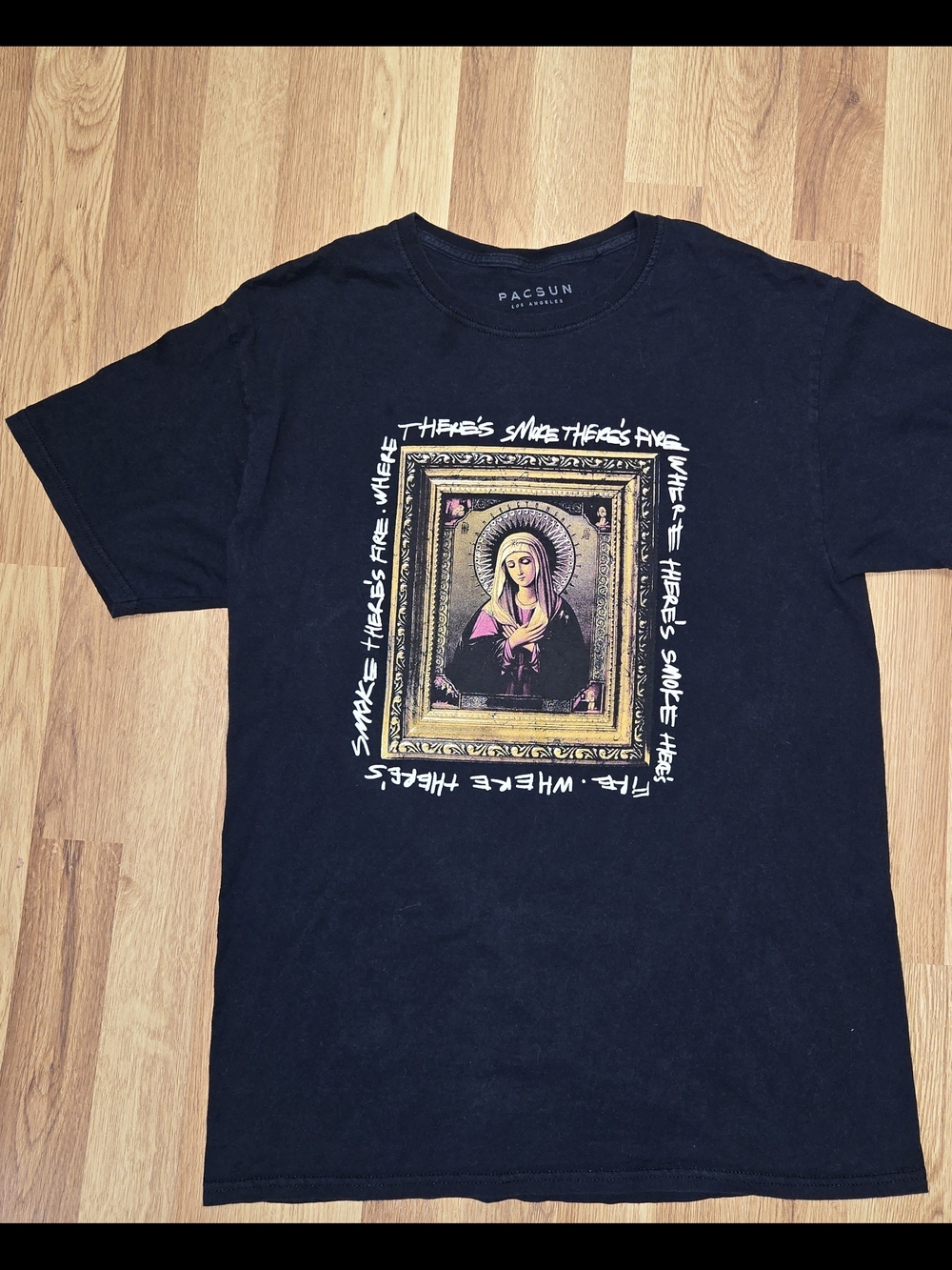 PacSun Black Short-Sleeve Tee with Framed Religious Graphic